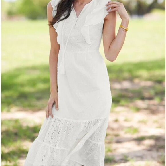 NWT Matilda Jane Joanna Gaines cream cottagecore ruffle tiered eyelet midi dress - Picture 2 of 5